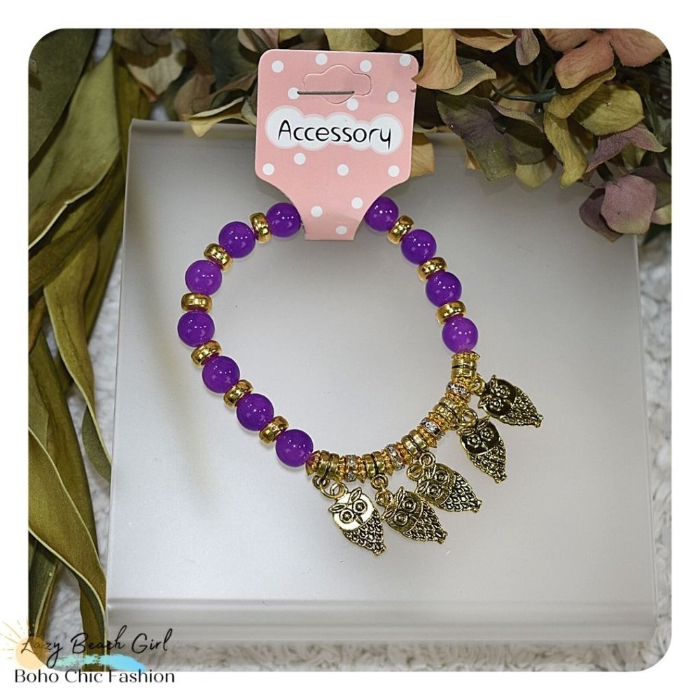 Purple Beaded Owl Tassel Bracelet